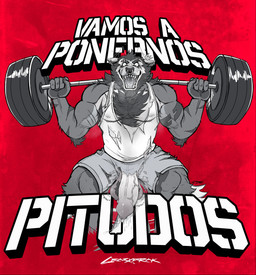 anthro balls barbell bodily_fluids clothed clothing ear_piercing ear_ring erection excessive_genital_fluids excessive_precum exercise eyebrow_piercing facial_piercing fangs foreskin front_view genital_fluids genital_piercing genitals humanoid_genitalia humanoid_penis industrial_piercing legwear looking_at_viewer male multiple_piercings muscular muscular_anthro muscular_male open_mouth penis penis_piercing piercing precum prince_albert_piercing ring_piercing sharp_teeth solo standing teeth text topwear torn_clothing torn_legwear torn_topwear vein veiny_penis weightlifting workout crazydrak canid canine mammal absurd_res english_text hi_res partially_colored signature spanish_text translated