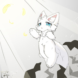 ambiguous_gender anthro bodily_fluids feathers fur light monotone_body monotone_fur paws simple_background solo tail tears white_body white_fur neisawa domestic_cat felid feline felis mammal 1:1 hi_res