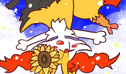 accessory ambiguous_anthro ambiguous_gender anthro biped blush cloud digitigrade eyes_closed flower flower_in_hair food front_view hair hair_accessory midair no_pupils object_in_tail open_:3 open_mouth open_smile plant shrimp_(food) sky smile snout solo sunflower tail upside_down annyui0611 nintendo pokemon braixen canid generation_6_pokemon mammal pokemon_(species) 2022 digital_drawing_(artwork) digital_media_(artwork) hi_res japanese_description translated_description