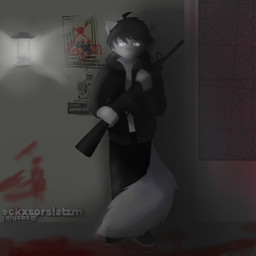 anthro assault_rifle blood blue_eyes bodily_fluids clothed clothing dim_lighting eyewear fur furry_tail glowing glowing_eyes grey_background gun hair holding_object holding_weapon inside lamp lantern looking_at_viewer m16a3 male military plantigrade poster propaganda ranged_weapon rifle simple_background solo tail text weapon young sashiki sasszq canid canine canis domestic_cat felid feline felis mammal wolf 1:1 2021 digital_drawing_(artwork) digital_media_(artwork) english_description hi_res indonesian_text monochrome shaded
