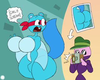 anthro belly big_breasts big_butt blue_body blue_fur breasts bubble_butt buckteeth butt camera clothing countershade_belly countershade_breasts countershading crossgender curvy_figure directional_arrow duo emanata eyelashes eyewear female femboy flash_emanata flat_cap fur hat headgear headwear heart_nose heart_symbol logo looking_back male mask membrane_(anatomy) membranous_wings onomatopoeia photo pink_body pink_fur raised_tail sound_effects speech_bubble spherical_breasts sunglasses sweater tail teeth text thick_thighs topwear turtleneck wide_hips wings thatdawgmurray happy_tree_friends splendid_(htf) the_mole_(htf) eulipotyphlan mammal mole_(animal) rodent sciurid tree_squirrel aliasing artist_logo artist_name digital_media_(artwork) english_description english_text hi_res signature