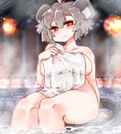 ahoge big_breasts big_ears blush breasts female grey_hair hair holding_object hot_spring onsen red_eyes short_hair sitting smile solo steam towel towel_only water sabitare touhou nazrin animal_humanoid humanoid mammal mammal_humanoid mouse_humanoid murid murid_humanoid murine murine_humanoid rodent rodent_humanoid absurd_res hi_res