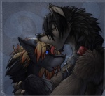 2007 abstract_background anthro black_nose blue_eyes canid canine canis digital_media_(artwork) duo embrace female fleki_(character) hug licking male male/female mammal open_mouth romantic romantic_couple teeth tongue tongue_out wolf wolfy-nail wolfy-nail_(character)