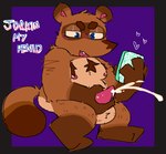 anthro balls bodily_fluids body_hair brown_body brown_fur cum cumshot ejaculation electronics fur genital_fluids genitals male masturbation minimal_shading nude penile penile_masturbation penis phone purple_background simple_background solo theinternetizkillz animal_crossing nintendo tom_nook_(animal_crossing) canid canine mammal raccoon_dog tanuki