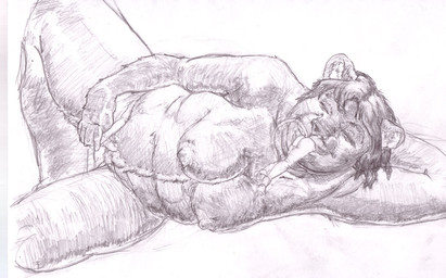 anthro breasts erection female genitals hair head_first holding_micro lying macro male male/female micro nipples nude on_side oral_vore partially_inside penis vore vulva jeri_kleinlowe bear mammal