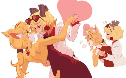 anthro backless_clothing backless_dress blonde_hair blush bow_tie clothed clothing dancing dress duo eye_contact eyewear eyewear_on_head female female/female flower flower_in_mouth fur glasses glasses_on_head hair hand_holding heart_glasses heart_symbol holidays interspecies looking_at_another pigtails plant ponytail red_eyes rose_(flower) rose_in_mouth simple_background suit tail twintails_(hairstyle) white_body yellow_body yellow_fur mangedugruau mihoyo valentine's_day zenless_zone_zero burnice_white pulchra_fellini felid feline felis human mammal sand_cat thiren 2026 digital_media_(artwork) hi_res