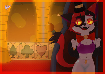 anthro bell bell_collar breasts card_game casino clothed clothing collar exhibitionism eyelashes eyeshadow female gambling gaming gloves hair handwear hat headgear headwear makeup solo tail underwear silvervlogs hazbin_hotel hellaverse helluva_boss husk_(hazbin_hotel) huskettes_(hazbin_hotel) animal_humanoid cat_humanoid demon domestic_cat felid felid_humanoid feline feline_humanoid felis humanoid mammal mammal_humanoid sinner_demon absurd_res hi_res