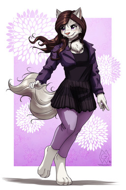 4_toes anthro barefoot bottomwear breasts brown_hair clothed clothing digitigrade feet female fluffy fluffy_tail fur furgonomics grey_body grey_fur hair jacket leggings legwear long_hair midriff_jacket neck_tuft pattern_background paws pink_nose purple_eyes simple_background skirt smile solo tail tail_through_skirt toes topwear tuft white_body white_fur mykegreywolf dahlia_(fairdahlia) domestic_cat felid feline felis mammal 2016 2:3 absurd_res hi_res