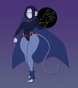 anthro big_ears breasts cape clothing feet female footwear forehead_gem fur gem grey_body grey_fur hair humanoid_feet magic plantigrade purple_background purple_hair simple_background solo superpowers tail toeless_footwear kareca cartoon_network dc_comics teen_titans teen_titans_(television_series) raven_(dc) haplorhine mammal monkey primate absurd_res hi_res