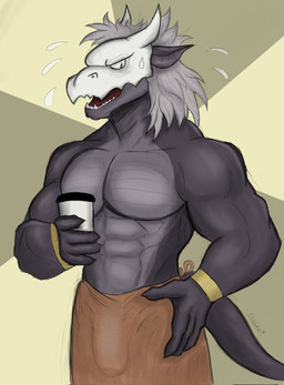abs anthro barazoku biceps biped black_body bodily_fluids bone bone_mask bracelet bulge clothed clothing container crotch_apron cup detailed_bulge disposable_cup genital_outline grey_hair hair hand_on_hip holding_container holding_cup holding_object jewelry male male_anthro mask muscular muscular_anthro muscular_arms muscular_male nervous nervous_sweat pecs penis_outline skull skull_mask solo sweat tail topless topless_anthro topless_male elhaz mythology dragor_(wingzzarts) dragon mythological_creature mythological_scalie scalie wingless_dragon hi_res portrait signature three-quarter_portrait traditional_media_(artwork)