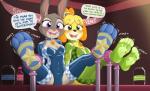 2019 animal_crossing anthro banner bdsm black_nose blush bondage bound canid canine canis caroo clothed clothing container dialogue digital_media_(artwork) disney domestic_dog duo english_text feet female foot_fetish green_eyes inside isabelle_(animal_crossing) jar judy_hopps lagomorph latex leporid mammal nintendo open_mouth rabbit shih_tzu spread_legs spreading text toy_dog zootopia