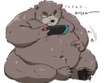 anthro belly black_body black_fur bodily_fluids claws concentrating cute_fangs electronics fangs fur game_console gaming hand_on_belly holding_object kemono male moobs navel nude obese obese_anthro obese_male overweight overweight_anthro overweight_male playing_video_game sitting solo sweat teeth text toe_claws pukkunnnn nintendo nintendo_switch bear mammal 2021 japanese_text translation_check translation_request