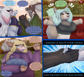 accessory amber_eyes anthro ascot asking_another axe axe_over_shoulder bangs beard black_body black_fur black_nose blonde_hair blue_background blue_blanket blue_body blue_clothing blue_eyes blue_scales blue_shirt blue_topwear braided_hair breasts chest_tuft claws clothing cloud collared_shirt countershade_face countershade_torso countershading dialogue digit_ring dress dress_shirt emanata eye_scar facial_hair facial_scar fangs fantasy female fingerless_gloves flailing freckles fur furgonomics furniture gesture gloves green_body green_clothing green_fur green_hair green_shirt green_topwear grey_body grey_fur hair halo handshake handwear highlights_(coloring) holding_axe holding_object horn horn_accessory hornband inner_ear_fluff jewelry leaf long_hair male mature_female mature_male morning motion_lines mountain mountain_range muscular muscular_female muscular_male neck_tuft object_in_mouth orange_body orange_fur outside petals plant purple_clothing purple_dress purple_eyes red_hair ring sabertooth_(anatomy) scales scar shirt short_hair shrub simple_background sky sleeping sofa sparkles sunrise talking_to_another tan_body tan_fur teeth text topwear tree tuft weapon_on_shoulder wedding_ring wheat wheat_in_mouth white_body white_fur white_hair stylish_apollo heart_of_the_lands mythology ithaca_juneia wyona_dorwin xander_dorwin zenchi_hasagami bovid bovine canid canine canis cattle coyote dragon mammal mythological_creature mythological_scalie scalie true_buffalo water_buffalo comic english_text hi_res story story_in_description
