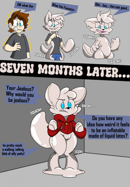 anthro blue_eyes bottomless bulge clothed clothing dialogue goo_transformation hair hoodie human_to_anthro human_to_inanimate inanimate_transformation latex male offscreen_character pool_toy pooltoy_transformation red_clothing red_hoodie red_topwear rubberkisser shirt short_hair solo species_transformation standing surprised tail text topwear transformation transformation_sequence themadastronaut canid canine fox goo_creature human living_latex mammal digital_media_(artwork) english_text hi_res meme