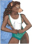 breasts brown_body brown_eyes brown_fur brown_hair clothed clothing clothing_pull female fur hair shirt shirt_pull side_boob tan_body tan_fur topwear topwear_pull terrie_smith bear black_bear mammal ursine 2024 marker_(artwork) traditional_media_(artwork)