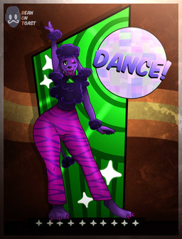 animal_print anthro bottomwear clothed clothing collar disco eyeliner eyeshadow female fingers lipstick looking_at_viewer makeup one_eye_closed purple_body purple_eyeliner purple_lipstick solo text zebra_print beanontoast five_nights_at_freddy's five_nights_at_freddy's:_secret_of_the_mimic scottgames disco_dog_(sotm) canid canine canis domestic_dog mammal poodle 2025 character_request digital_media_(artwork) english_text hi_res