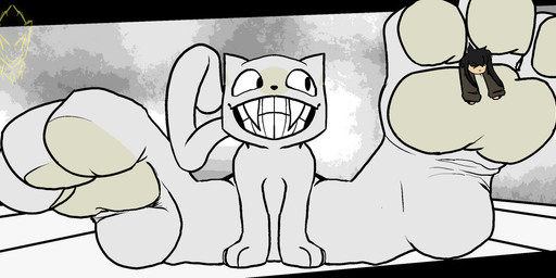 3_fingers 3_toes ambiguous_gender between_toes big_feet black_clothing black_hair black_hoodie black_topwear clothing dialogue duo fangs fangs_over_teeth feet feral fingers fog foggy_background foot_fetish foot_focus grey_background hair happy hoodie huge_feet insane looking_at_another looking_at_partner low-angle_view micro micro_between_toes on_ground pawpads paws plantigrade plantigrade_pawpads simple_background sitting spread_legs spreading tail teeth toes topwear white_body yellow_pawpads flushedspace off_(game) the_judge_(off) domestic_cat felid feline felis human mammal digital_drawing_(artwork) digital_media_(artwork) monochrome