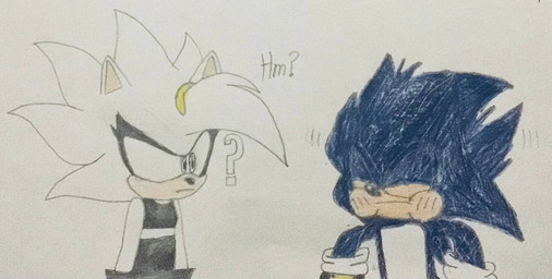 anthro axel_the_hedgehog big_head clothing confusion dialogue duo female fur gloves hair handwear male open_mouth puffed_cheeks question_mark red_eyes smile standing tail text tongue bluebirdsfriend original_character_do_not_steal sega sonic_the_hedgehog_(series) fan_character jolt_the_hedgehog canid canine canis eulipotyphlan hedgehog hybrid mammal wolf colored_pencil_(artwork) comic traditional_media_(artwork)