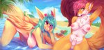 animal_genitalia anthro attached_sheath balls beach belly blue_hair blush blush_lines breasts broken_horn clothing duo eye_scar facial_scar feathered_wings feathers female fluffy fluffy_tail fully_sheathed fur genitals green_eyes group hair herm horn intersex island kneeling landscape_background long_sheath long_tail looking_at_viewer makeup navel orange_body orange_fur palm_tree pink_eyes pink_hair plant pool_toy scar seaside sheath shy sitting smile smiling_at_viewer summer swimwear tail tree trio water wings piiunivers mei_(piiunivers) skye_(piiunivers) angeliic_dragon_(piiunivers) canid canine fox mammal absurd_res hi_res