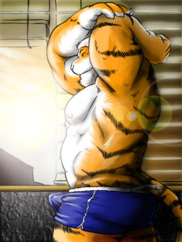 anthro blinds blue_bottomwear blue_clothing blue_shorts bottomwear bulge clothing erection eyes_closed hair light light_beam male morning_wood muscular pecs shorts smile solo stretching sunbeam sunlight tail white_hair grisser timberwolfmax felid mammal pantherine tiger 3:4