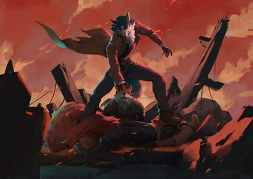 anthro blue_body blue_eyes blue_fur bulletproof_vest clothed clothing coat collar destruction fight fluffy fluffy_tail fur gloves group handwear male open_mouth outside tail tongue tongue_out topwear white_body centraldogma brand_new_animal studio_trigger shirou_ogami canid canine canis deer felid lion mammal pantherine wolf hi_res