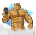 abs anthro biceps cellphone dog_tags electronics grin holding_cellphone holding_object holding_phone holding_smartphone jewelry male muscular navel necklace nipples nude pecs phone selfie smartphone smile solo taking_picture taking_selfie tile tile_wall triceps wall_(structure) wet obenpanda hanna-barbera swat_kats chance_furlong felid feline mammal 2023 absurd_res half-length_portrait hi_res portrait