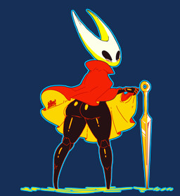 2_horns butt butt_focus cloak clothing female fingers horn melee_weapon red_cloak red_clothing solo weapon lubos hollow_knight_(franchise) team_cherry hornet_(hollow_knight) arthropod insect 2025 alpha_channel hi_res