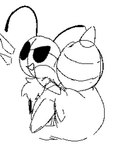 antennae_(anatomy) anthro clothed clothing diaper diaper_only emanata female looking_at_viewer looking_back neck_tuft open_mouth open_smile rear_view smile solo stinger tail topless tuft wearing_diaper wings fairyfudge bug_fables moonsprout_games vi_(bug_fables) arthropod bee hymenopteran insect sketch