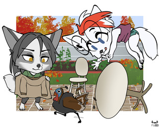 anthro barefoot black_bottomwear black_clothing black_pants blep blue_eyes bottomwear brown_clothing brown_jacket brown_topwear chair cheek_tuft chibi clothed clothing day digitigrade duo eyewear facial_tuft feet female fully_clothed fur furniture garden glasses green_bottomwear green_clothing green_shirt green_shorts green_topwear grey_body grey_fur grey_hair hair highlights_(coloring) jacket jewelry long_hair outside pants pendant plant pounce purple_clothing purple_shirt purple_tank_top purple_topwear red_highlights round_glasses shirt short_hair shorts standing table tail tank_top tongue tongue_out topwear tuft white_body white_fur white_hair yellow_eyes foxboy83 tootaloo vixen_logic arctica_(vixen_logic) marble_(vixen_logic) arctic_fox avian bird canid canine fox galliform mammal marble_fox phasianid red_fox true_fox turkey 5:4 colored digital_media_(artwork) flat_colors hi_res