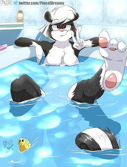 3_toes anthro bath bathtub breasts convenient_censorship eyewear feet female fur gesture glasses gloves_(marking) hair hand_gesture inside leg_markings looking_at_viewer markings multicolored_body multicolored_fur navel nipples nude partially_submerged rubber_duck short_hair smile smirk socks_(marking) solo spread_legs spreading text toes two_tone_body two_tone_fur v_sign wet wet_body wet_fur white_hair viejillox sabrina_online sabrina_(sabrina_online) mammal mephitid skunk striped_skunk 2019 digital_media_(artwork) hi_res shaded url