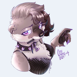 alternative_fashion anthro bra charm_(jewelry) chest_tuft clothed clothing collar colored_nails corduroy_(fabric) ear_piercing female fur grey_body grey_fur hair half-shaved_head jewelry long_nails looking_at_viewer multicolored_body multicolored_fur nails piercing purple_eyes purple_nails short_hair sidecut simple_background solo spiked_collar spikes tablet_pen_in_mouth tuft two_tone_body two_tone_fur underwear velvet_(fabric) oofwoof mammal mustelid otter 1:1 digital_media_(artwork) hi_res signature