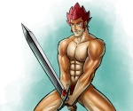 abs anthro athletic biceps biped blue_eyes brown_body brown_fur clenched_teeth fangs fur grin hair holding_melee_weapon holding_object holding_sword holding_weapon male melee_weapon muscular muscular_anthro nipples nude pecs pose red_hair smile solo standing sword sword_of_omens tan_body tan_fur teeth weapon gaycandypop thundercats thundercats_2011 lion-o felid mammal 6:5