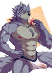 abs anthro bodily_fluids bulge clothed clothing erection erection_under_clothing eyewear genital_fluids glasses jockstrap male muscular muscular_anthro muscular_male precum precum_through_clothing precum_through_jockstrap precum_through_underwear side_balls solo underwear wet wet_clothing kadzu morenatsu mitsuhisa_aotsuki canid canine canis domestic_dog husky mammal nordic_sled_dog spitz 2023 colored hi_res