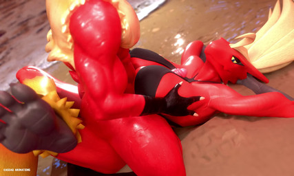 anthro beach big_butt bikini biped black_clothing blonde_hair breast_play breasts butt clothed clothing duo feet female foreskin genitals hair hand_on_breast hands_behind_head lying male male/female on_back outside penis red_body sex swimwear titfuck two-piece_swimsuit kasdaq nintendo pokemon blaziken generation_3_pokemon pokemon_(species) 3d_(artwork) 3d_animation 5:3 animated digital_media_(artwork) hi_res high_framerate no_sound short_playtime video