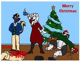 accident beverage black_body black_clothing black_footwear black_fur black_hair black_legwear black_nose black_shoes black_tights blonde_hair blue_body blue_cardigan blue_cup blue_fur blush briefs broken_table brown_floor brown_loafers christmas_decorations christmas_ornament christmas_tree clothed clothing container cup discarded_footwear eyelashes female footwear fully_clothed fur green_clothing green_cup green_sweater green_topwear hair holding_beverage holding_container holding_cup holding_object holidays inside khaki_pants legwear male markings maroon_high_heel_shoes maroon_shoes monotone_briefs monotone_clothing monotone_underwear open_mouth open_smile ornament overweight overweight_male pants_off pantsless pantsless_anthro pantsless_male pink_body pink_fur plant red_cup red_high_heel_shoes red_text sleeping smile socks spots spotted_markings striped_markings stripes sweater tan_body tan_fur teeth_showing text tights tighty_whities topwear tree underwear white_body white_briefs white_clothing white_dress_shirt white_footwear white_fur white_socks white_underwear foxmanad christmas bear black_bear canid canine canis dalmatian domestic_dog mammal mephitid skunk ursine english_text