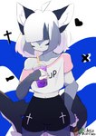 anthro beverage bread bubble_tea covered_eyes female fluffy_ears food hair multicolored_body multicolored_hair shark_tail short_hair simple_background smile smiling_at_viewer solo toast chocomint_texa domestic_cat felid feline felis fish hybrid mammal marine shark absurd_res hi_res shaded