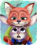 anthro black_nose buckteeth clothed clothing duo fur green_eyes inner_ear_fluff purple_eyes shirt simple_background smile snout_between_ears teeth topwear tuft amarimo disney zootopia judy_hopps nick_wilde canid canine fox lagomorph leporid mammal rabbit red_fox true_fox 2016 5:6 signature