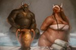 2024 5_fingers absurd_res anthro bath belly big_belly big_breasts body_hair bottomless bottomless_anthro bottomless_female bovid bovine breasts brown_body brown_fur brown_hair casual_nudity chest_hair cleavage clothed clothed/nude clothed_anthro clothed_female clothing convenient_censorship curvy_figure duo european_mythology eyes_closed eyewear feet_in_water female fingers fur glasses greek_mythology hair hi_res horn humanoid_hands husband_and_wife iolanta_avarta male male/female mammal married_couple mature_anthro mature_female mature_male minotaur musclegut muscular muscular_anthro muscular_male mythology navel nipples nude nude_anthro nude_male overweight overweight_anthro overweight_female partially_clothed partially_clothed_anthro partially_clothed_female partially_submerged rayoutofspace sitting smile social_nudity telemachus_avarta towel water