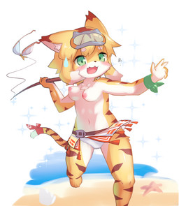 5_fingers accessory accident accidental_exposure anthro areola barefoot beach belt bikini bikini_bottom bikini_removed bikini_top_removed blush bodily_fluids bouncing_breasts breasts cheek_tuft chest_tuft clothed clothing countershade_face countershade_fur countershade_hands countershade_torso countershading embarrassed eyewear eyewear_on_head facial_tuft feet female female_anthro fingers fishing_rod fur furgonomics goggles goggles_on_head green_eyes hair holding_fishing_rod holding_object markings medium_breasts navel nipples open_mouth open_smile ribbons running sand sea simple_background smile solo striped_arms striped_body striped_fur striped_legs striped_markings striped_tail stripes sweat sweatdrop swimwear tail tail_accessory tail_markings tail_ribbon tan_body tan_fur tan_hair text topless topless_anthro topless_female tuft two-piece_swimsuit wardrobe_malfunction water white_background white_bikini white_body white_clothing white_countershading white_swimwear wristband xanadu_corona cygames world_flipper mia_(world_flipper) aquatic asterozoan echinoderm felid mammal pantherine starfish tiger 2022 absurd_res digital_drawing_(artwork) digital_media_(artwork) hi_res japanese_text portrait shaded three-quarter_portrait