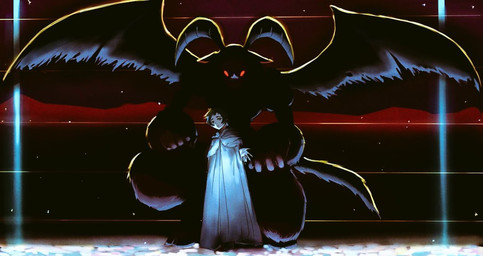 anthro clothing cultist duo female glowing glowing_eyes horn kneeling male robe size_difference wings st14_kr010 bandai_namco digimon digimon_beatbreak miharu_kagemori digimon_(species) human mammal mephismon