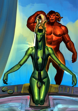 5_fingers anthro bath bathing big_muscles brown_body curly_hair duo fantasy fingers genitals green_body hair horn larger_male long_neck male muscular muscular_anthro muscular_male nude nude_anthro nude_male penis size_difference slim_anthro slim_male yellow_horn purplebirdman roshim_(purplebirdman) bovid caprine mammal sheep 2026 colored colored_sketch hi_res shaded shaded_line_art sketch