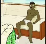 anthro backwards_baseball_cap backwards_hat barefoot baseball_cap biped boxers_(clothing) briefs bulge clothed clothing feet green_clothing green_underwear hat headgear headwear male navel nipples solo text tighty_whities topless underwear white_briefs white_clothing white_underwear fuze luis_(fuze) mammal english_text hi_res