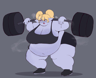 barbell belly belly_overhang big_belly big_breasts biped blonde_hair blue_body blue_skin blush bodily_fluids bottomwear bra breasts breath cleavage clothed clothing crop_top crouching double_chin exercise exercise_clothing fat_arms fat_legs female footwear grey_background hair holding_barbell huge_breasts huge_thighs humanoid_pointy_ears love_handles musclegut muscular musk narrowed_eyes navel obese obese_female obese_humanoid open_mouth overweight overweight_female overweight_humanoid pigtails pointy_ears purple_eyes shirt shoes shorts side_boob simple_background sneakers solo spandex spandex_shorts sports_bra standing sweat sweaty_belly sweaty_breasts sweaty_face thick_thighs tight_bottomwear tight_clothing tight_shorts tired topwear underwear weightlifting wide_hips workout pink_poison67 league_of_legends riot_games tencent poppy_(lol) humanoid mammal yordle 2024 digital_drawing_(artwork) digital_media_(artwork) full-length_portrait hi_res portrait