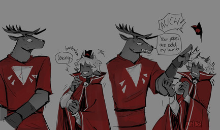 ambiguous_anthro ambiguous_gender anthro antlers clothed clothed_anthro clothing dialogue duo eyes_closed fully_clothed fully_clothed_anthro horn laugh male male_anthro speech_bubble talking_to_another text aveloka cult_of_the_lamb massive_monster_(studio) cerva_(aveloka) lamb_(cult_of_the_lamb) red_crown_(cult_of_the_lamb) bovid caprine deer mammal sheep 2025 digital_drawing_(artwork) digital_media_(artwork) english_text hi_res