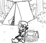 big_eyes campfire clothing cooking cutlery duo earth_pony equid equine fan_character female feral ficficponyfic fire greyscale hair hasbro holding_spoon horse kitchen_utensils looking_at_another mammal monochrome my_little_pony partially_colored peeping plant pony short_hair shrub sitting sketch solo_focus spoon tent tools toony tree weapon
