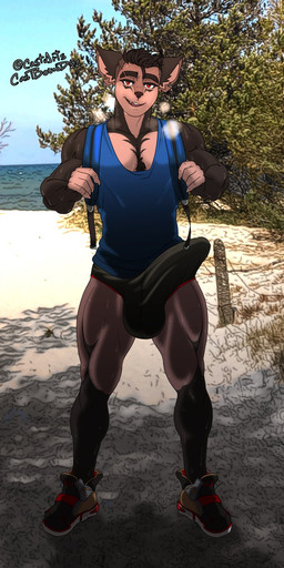 anthro backpack beach big_bulge bodily_fluids body_hair bulge chest_hair clothing countershading detailed_background erection erection_under_clothing eye_scar facial_scar fingerless_(marking) footwear hair looking_at_viewer male muscular muscular_male red_eyes scar seaside shirt shoes short_hair solo sweat tank_top topwear castbound russell_(castbound) canid canine canis domestic_dog mammal 1:2 hi_res