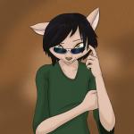 ambiguous_gender anthro black_hair brown_background brown_eyes clothed clothing eyewear hair looking_at_viewer shirt simple_background solo sunglasses topwear yellow_sclera kawaoneechan domestic_cat felid feline felis mammal 1:1 2015 half-length_portrait portrait