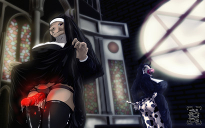 anthro church cult dildo duo female female/female inviting sex_toy strapon siboica bovid bovine caprine cattle goat mammal 16:10 absurd_res digital_media_(artwork) hi_res widescreen