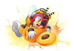 anthro apricot_(fruit) armor clothing eyewear food footwear fruit gloves goggles handwear headgear helmet male one_eye_closed open_mouth plant shoes solo tongue white_clothing white_gloves white_handwear wings yellow_eyes young finikart sega sonic_the_hedgehog_(series) charmy_bee arthropod bee hymenopteran insect 2020 hi_res orange_theme signature traditional_media_(artwork)