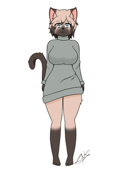 anthro big_breasts blue_eyes bottomless breasts brown_nose clothed clothing female fur legwear looking_at_viewer simple_background solo sweater tail tan_body tan_fur thigh_highs topwear topwear_only turtleneck zankandreas stella_(zankandreas) domestic_cat felid feline felis mammal siamese hi_res